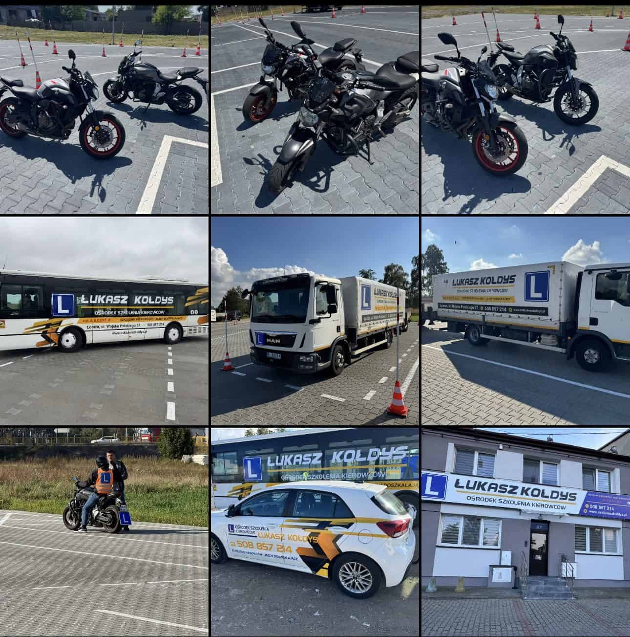 Galeria pojazdów szkoleniowych OSK Łukasz Kołdys w Łomży - motocykle, samochód, ciężarówka, autobus i budunek szkoły jazdy